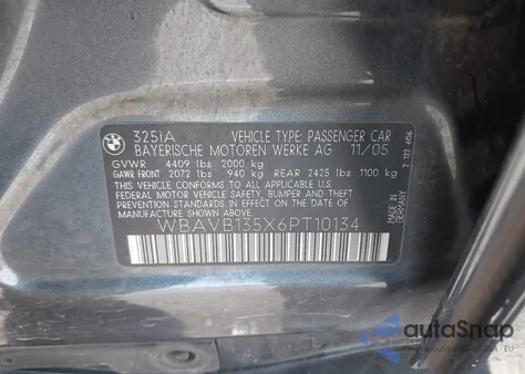 2006 BMW 325I from USA, damaged, VIN WBAVB135X6PT10134